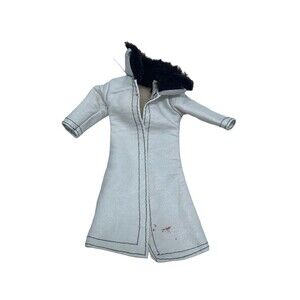 VINTAGE BARBIE CLONE WHITE VINYL COAT BELT BROWN FAUX FUR COLLAR TRIM - NO DOLL